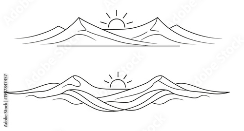 Stylized mountain and sun decorative dividers for nature-inspired design