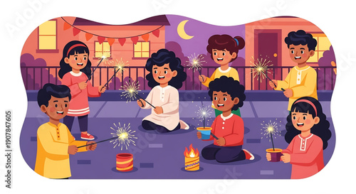 Diverse group of happy children celebrating a vibrant cultural festival with sparklers and small firecrackers on a decorated street at night, full of joy and tradition