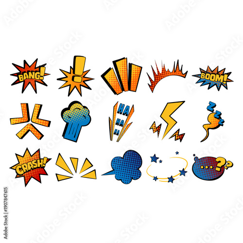 Retro comic sound effects collection and pop art speech bubble set. Vibrant halftone vector graphics for superhero-themed branding, action-packed social media layouts, and creative poster designs.