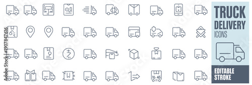 truck delivery icon collection set, editable stroke vector, logistics transport symbols, cargo shipping and freight delivery icons graphics pack.