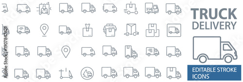 truck delivery icon collection set, editable stroke outline icons, logistics shipping symbols, transport and cargo delivery design resources.