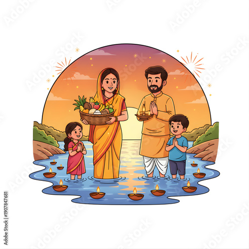 Family performing Chhath Puja ritual near river, vector caricature