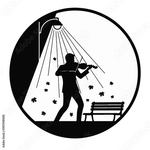 Violin Player Silhouette Under Street Lamp Light, Autumn Park Scene