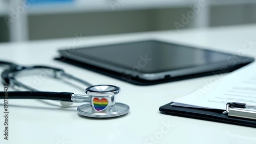Stethoscope Rainbow Pride Flag on White Table with Tablet and Medical Clipboard in Healthcare Setting High Angle View