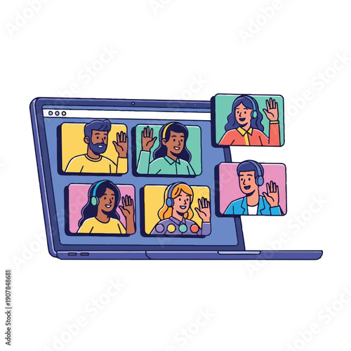 Illustration of a laptop screen displaying six video call participants with a seventh floating above, all waving and wearing headphones in a colorful and modern online meeting setting.