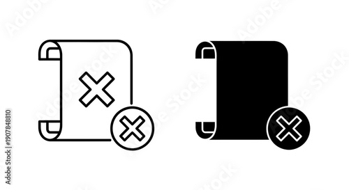 Document with Cross Icon Set: Rejected Paperwork and Invalid Contract Symbols in Black and White