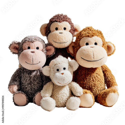 Cute plush monkey toys, soft brown and beige stuffed animals, cuddly kids nursery decor and playtime mascot isolated on Transparent Background