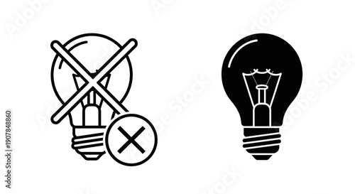 Light Bulb with Cross Mark Icon, Outline and Solid Black, Representing No Idea or Bad Idea