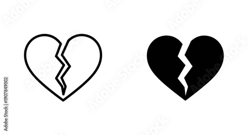 Broken Heart Icon, Outline and Solid Black, Representing Sadness, Heartbreak, or Loss