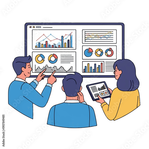 Illustration of three people analyzing data on a large computer screen with graphs and charts in a flat design style with a professional and collaborative mood.