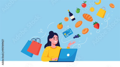 Happy woman using her laptop to shop for groceries and fresh food online with various items flying out of the digital computer screen.