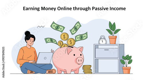 Entrepreneurial woman working on her laptop while gold coins and dollar bills fall into a large pink piggy bank for passive income.