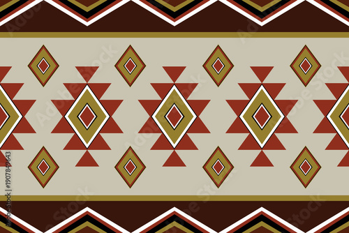 Seamless geometric tribal pattern with repeating diamond shapes and stripes. Warm earth palette creates a stylish ethnic textile look, ideal for backgrounds, prints, fashion, home decor and crafts.