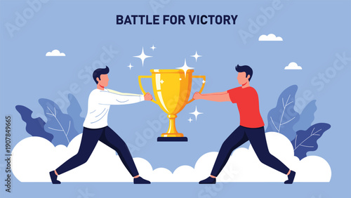 Two competitive men in business casual attire battling to grasp a giant golden trophy representing victory, success, and achievement.