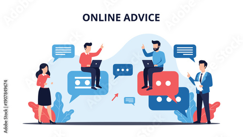 Diverse group of professional people interacting through speech bubbles and laptops to provide expert online advice and consultation.