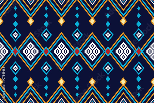 Seamless ethnic geometric pattern with diamond shapes in navy blue, gold, and turquoise tones. Tribal textile style background ideal for fabric, wallpaper, wrapping paper, and decorative design.