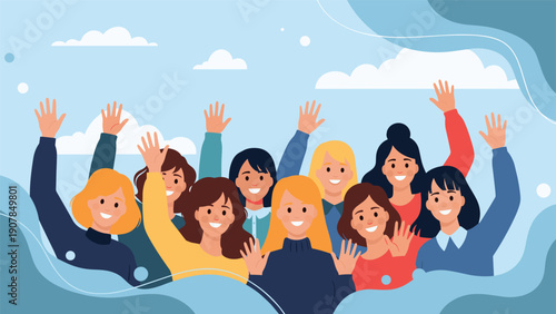Group of happy and diverse young women waving their hands against a blue sky with soft white clouds in a friendly gesture.