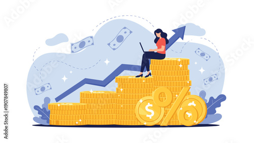 Successful businesswoman sitting on stacks of gold coins while working on a laptop with a rising arrow in the background.