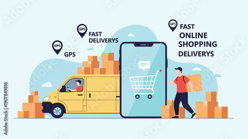Efficient logistics concept featuring a delivery van and courier with boxes near a smartphone for fast online shopping.