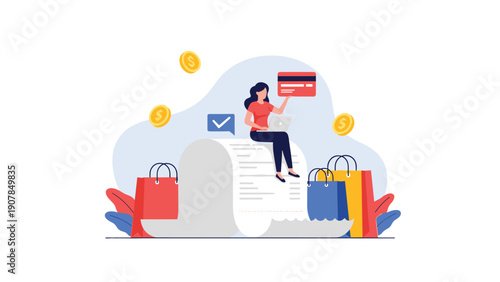 Young woman sitting on a giant shopping receipt while holding a credit card and surrounded by colorful shopping bags.