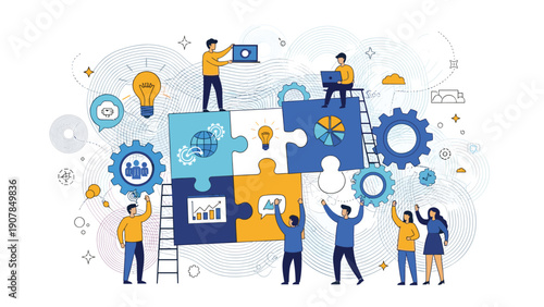 Collaborative team of professionals putting together large jigsaw puzzle pieces with business icons to solve complex problems.