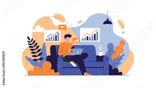 Focused man working from home on a laptop while sitting on a comfortable blue sofa with financial charts in the background.