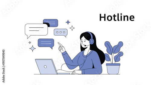 Professional customer support woman wearing a headset and working at a laptop with chat bubbles indicating hotline service.
