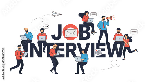 Group of job candidates using laptops while sitting or standing on giant letters forming the words job interview for recruitment.