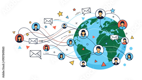 Global communication network illustration showing diverse people icons connected across the world map by message lines.