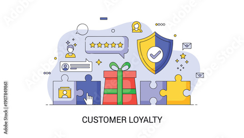 Customer loyalty concept featuring puzzle pieces, a red gift box, a security shield, and star ratings for marketing success.