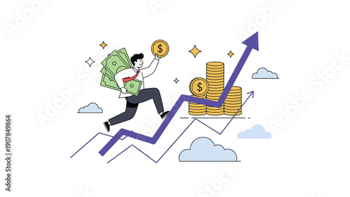 Ambitious businessman running up a rising blue arrow while carrying large stacks of money and gold coins for financial success.