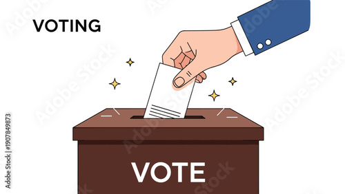 Human hand inserting a paper ballot into a wooden voting box with the word vote written on it for an election process.