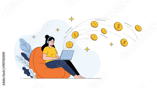 Young woman wearing headphones while sitting in a beanbag chair and working on a laptop with gold coins floating nearby.