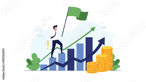 Ambitious businessman climbing a blue bar chart while holding a green flag and gold key next to stacks of coins for success.
