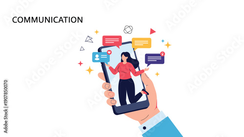 Hand holding a smartphone showing a happy woman surrounded by colorful message notification bubbles for communication.