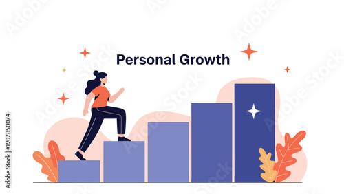 Confident young woman walking up a series of blue bar charts representing personal growth and career advancement.
