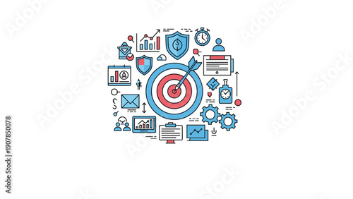 Centered target with an arrow surrounded by a variety of business, goal, and productivity icons in a flat design style.