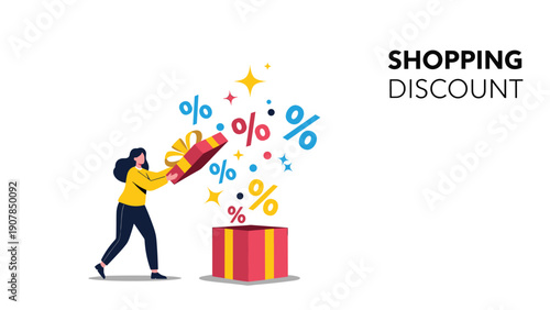 Young woman opening a red gift box with various percentage symbols popping out to represent a shopping discount event.