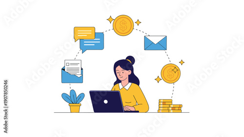 Efficient female professional managing business communications, finances, and digital workflows while working on her laptop at a desk.