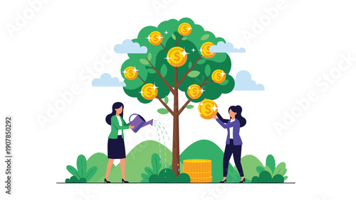 Collaborative team of businesswomen watering and harvesting coins from a money tree to represent financial growth and sustainable investment.