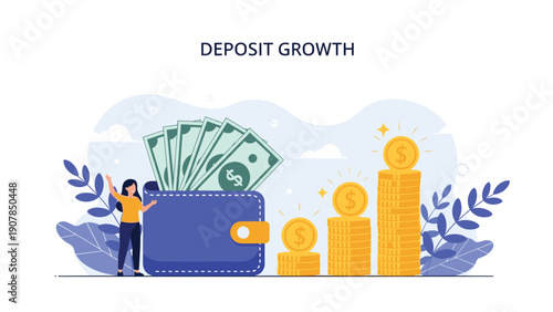 Successful woman watching her savings increase with a full wallet and growing stacks of gold coins for long-term deposit growth.