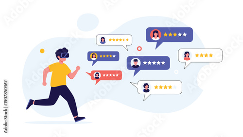 Active man using a virtual reality headset to explore customer reviews and star ratings in an immersive digital environment.