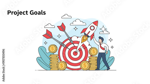 Ambitious businessman working towards project goals with a focus on targets, financial growth, and a successful rocket launch strategy.