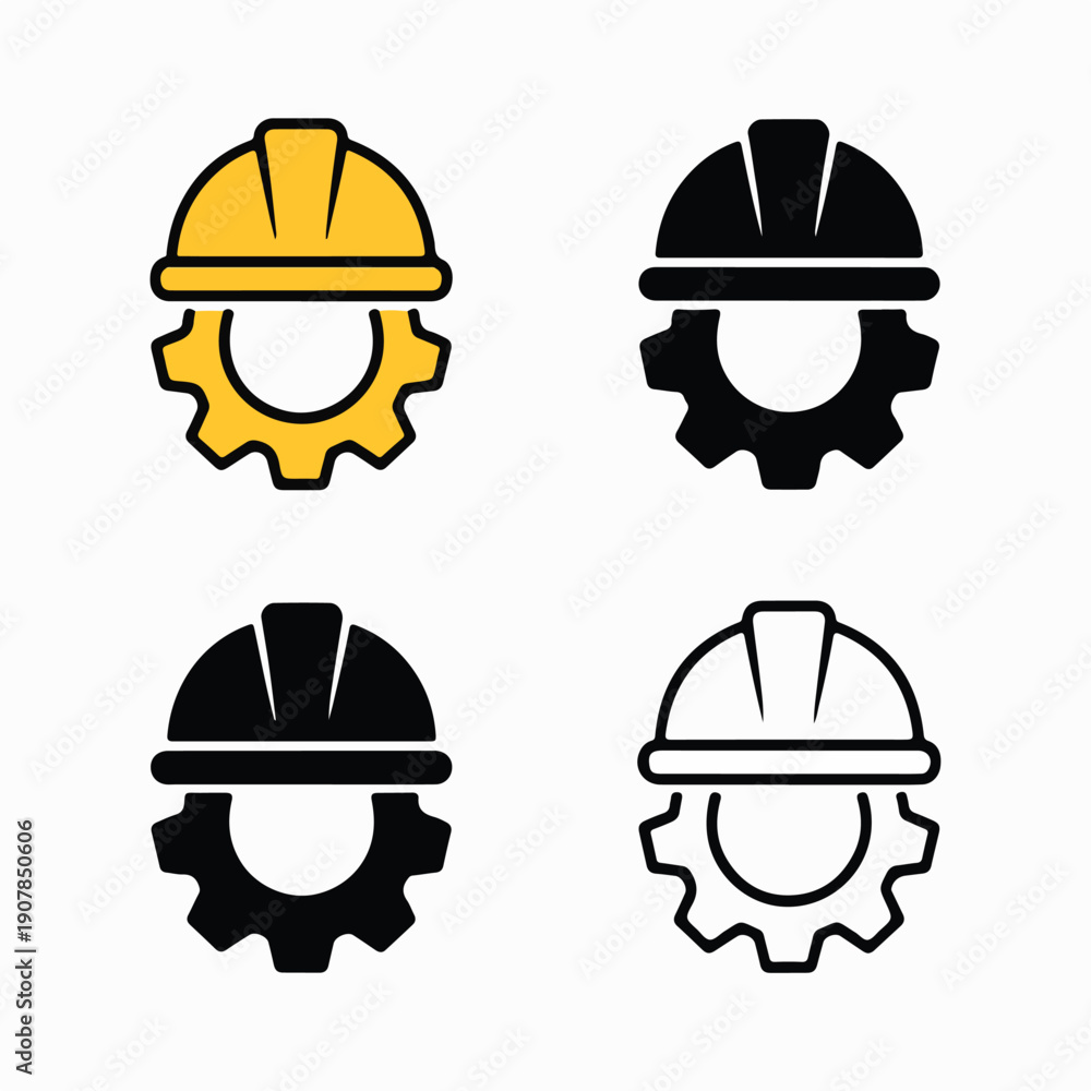 Fototapeta premium Construction Helmet and Gear Icon Set – Flat Vector Symbols