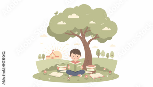 Child Reading Book Under Tree Cartoon Illustration.