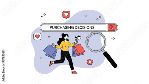 Excited woman with many shopping bags running towards a digital search bar to make informed purchasing decisions and find the best deals.