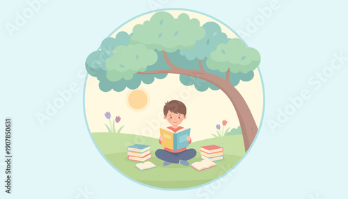 Child Sitting Under Tree Reading Books.