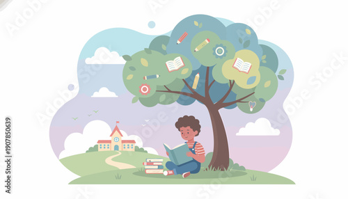 Child Sitting Under Tree Reading Book.