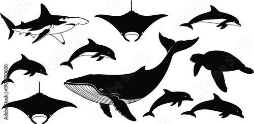 Large collection of hand drawn black sea animal silhouettes featuring whales, dolphins, hammerhead sharks, manta rays, and turtles for elegant marine wildlife nature design projects