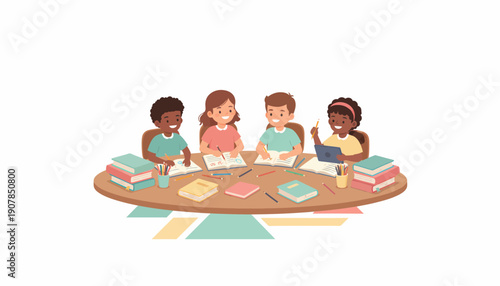 Children Sitting Around Table Reading Books.